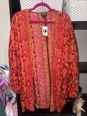 ONE WORLD Floral Stripe Open Front Kimono in Red and Orange